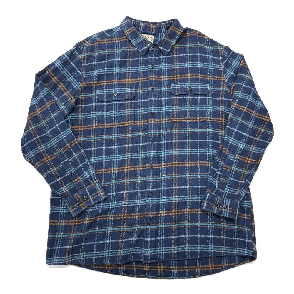 LL Bean Katahdin Performance Flannel Button Up Shirt Mens XLT Blue‎ Plaid Heavy